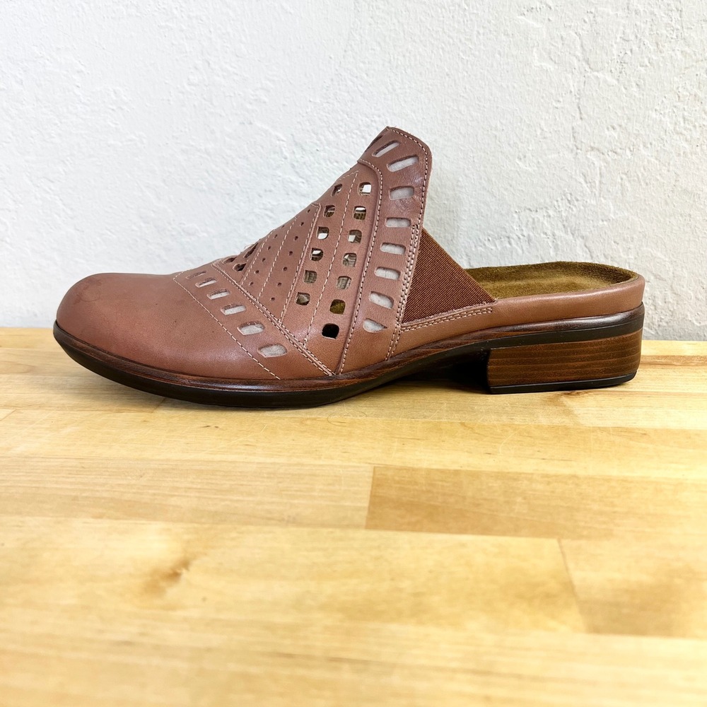 Naot Clog Mule Sharkia Womens Size 39 Brown Leather Perforated Cutout Low Heel